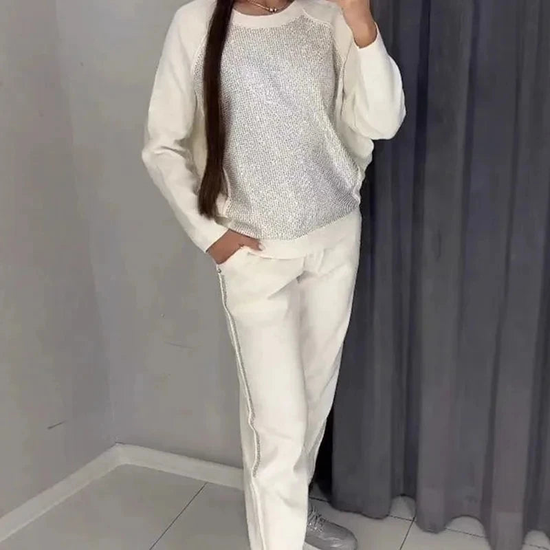 Fashion Diamonds Patchwork Women's Suits Sport Drawstring Hooded Sweatshirt and Long Pants Sets 2025 Vestidos Leisure Sportswear