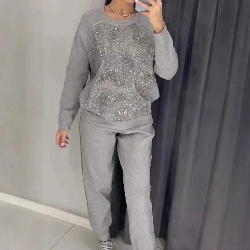 Fashion Diamonds Patchwork Women's Suits Sport Drawstring Hooded Sweatshirt and Long Pants Sets 2025 Vestidos Leisure Sportswear