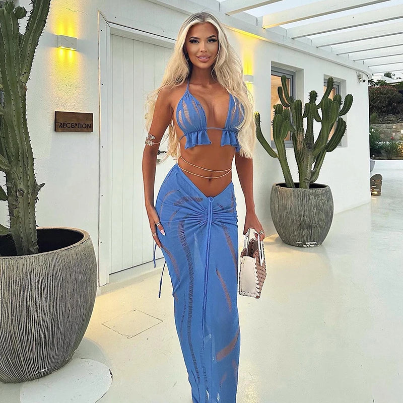 CUTENOVA 2024 Summer Women'S Sexy Hollow Mesh Beah Backless Tops Drawstring Long Skirts Elegant Sexy Party Dresses Club Outfits