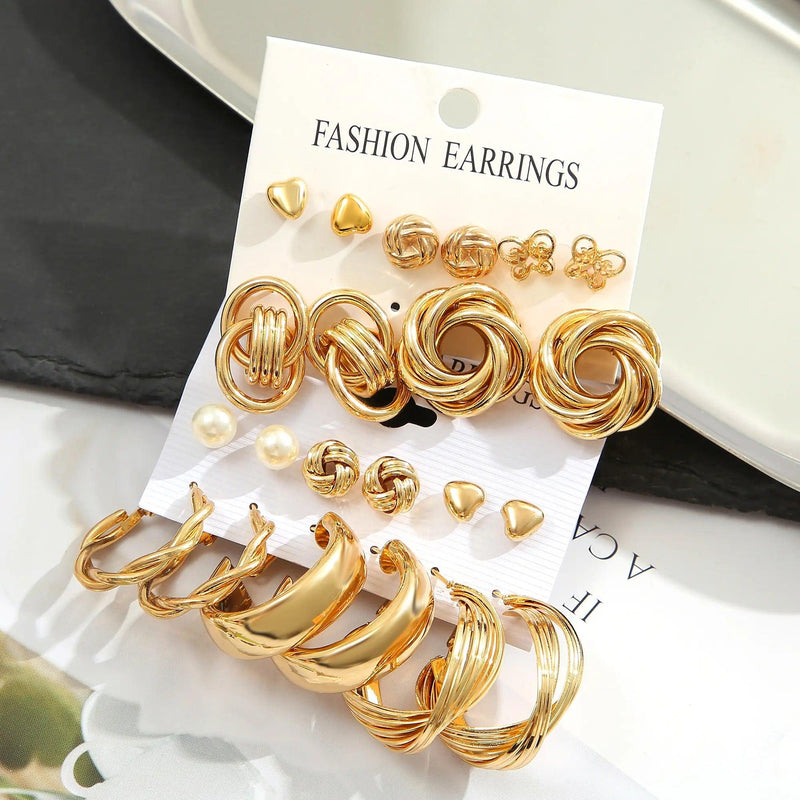 11 Pairs A Set Fashion Zinc Alloy Faux Pearl Rotation Geometry Decorative Earrings Womens Daily Decoration - CRAVO ROSE