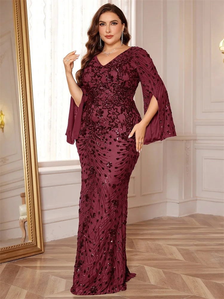 XUIBOL Plus Size Luxury Green Evening Dresses Women 2025 Long Sleeve Mermaid Formal Sequins Prom Wedding Party Cocktail Gowns