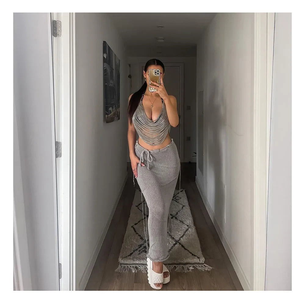 Women Metal Chain Tassel Tank Top Sexy Deep V Neck Backless Hollow Out See Through Crop Top Body Chain Party Club Camisole