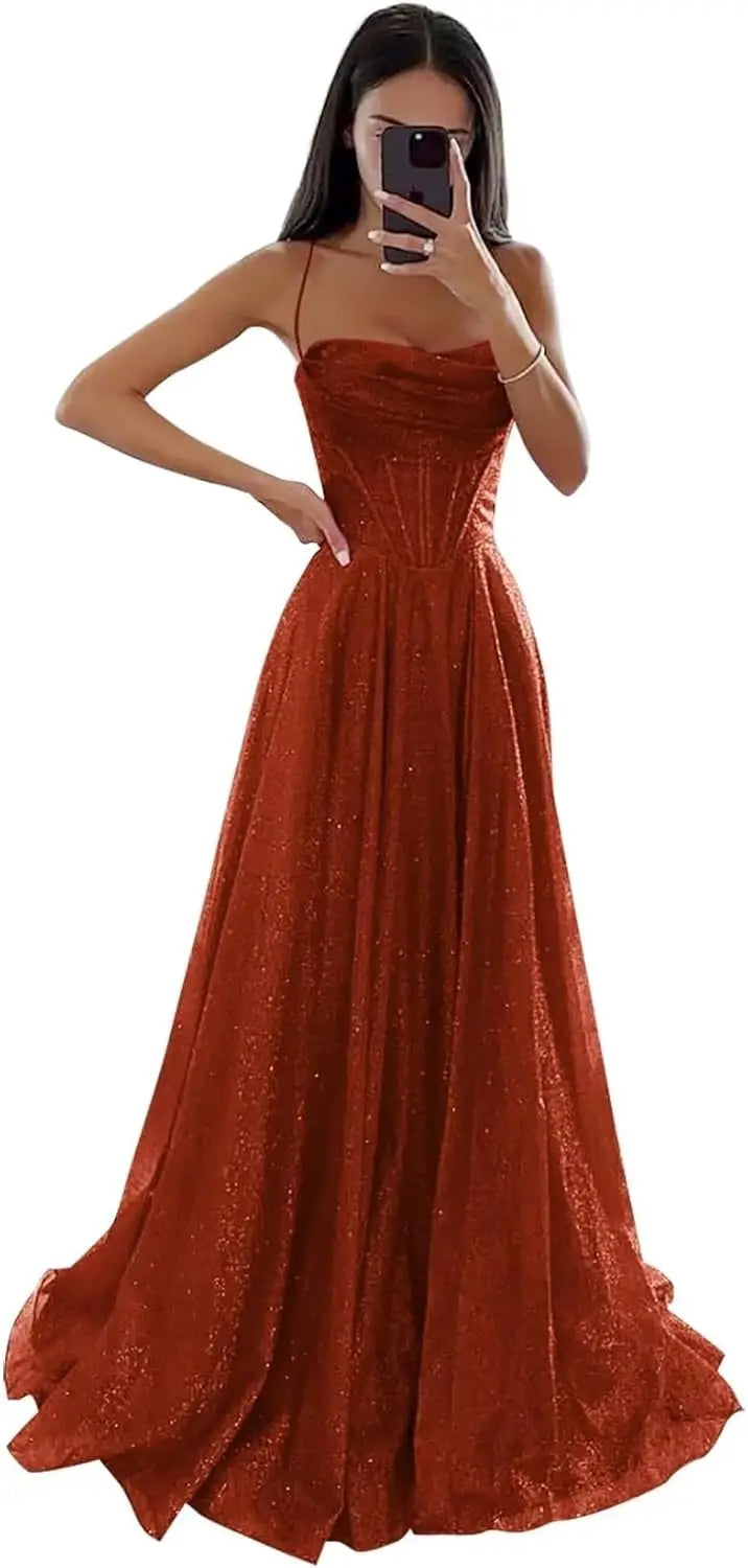 Spaghetti Straps Sleeveless Prom Dress for Women Long Shiny Tulle Formal Evening Party Gown with Slit Formal Dress Women Elegant