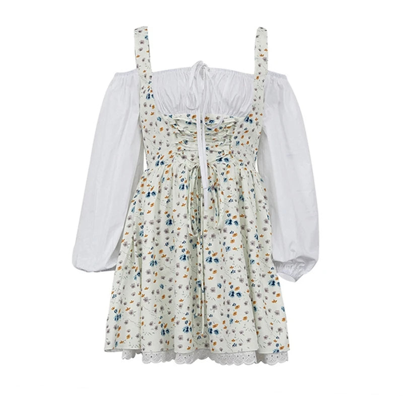 Y2k Cottage Lace Patchwork Off-shoulder Square Collar A-line Dress Floral Printed Fake 2 Piece-set Tie Up Mini Dress Streetwear