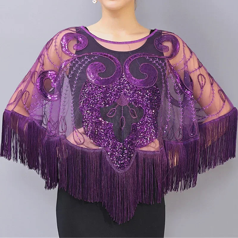 Summer Sequins Tassels Poncho Women Coat Party Outfits Cape Mesh Jacket Ladies Cloak Shawls Casaco Outerwear Wraps Woman Clothes