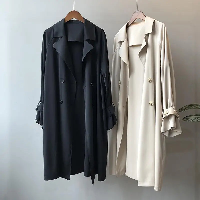 New Fashion Women's Long Trench Coat Spring Autumn Temperament Thin Windbreaker Coat Female Casual Parker Overcoat Apricot Black