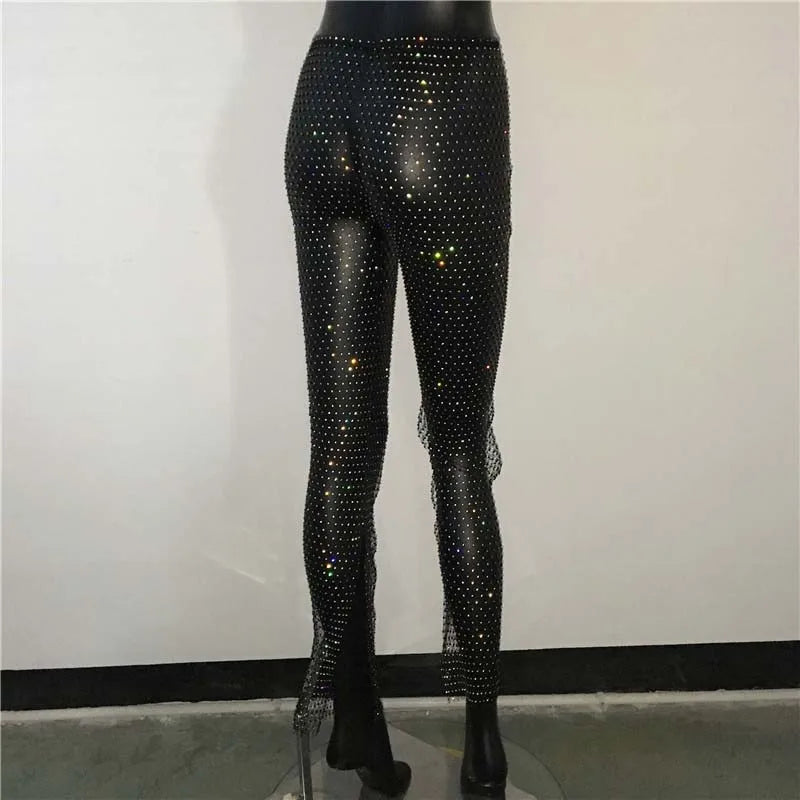 Sexy y2k streetwear Fishnet Rhinestone pants women clothing see through club party pants vintage clothes wide leg pants trousers