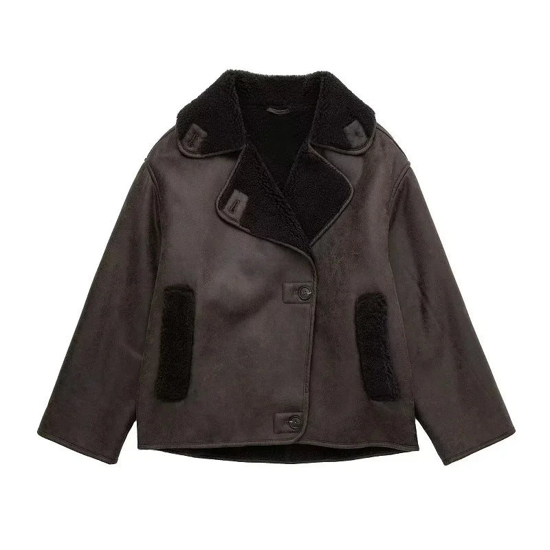 HXAO Faux Leather Jacket Winter Coat Female Button Long Sleeve Brown Jacket Demi-Season Faux Wool Coats And Mixtures Jacket