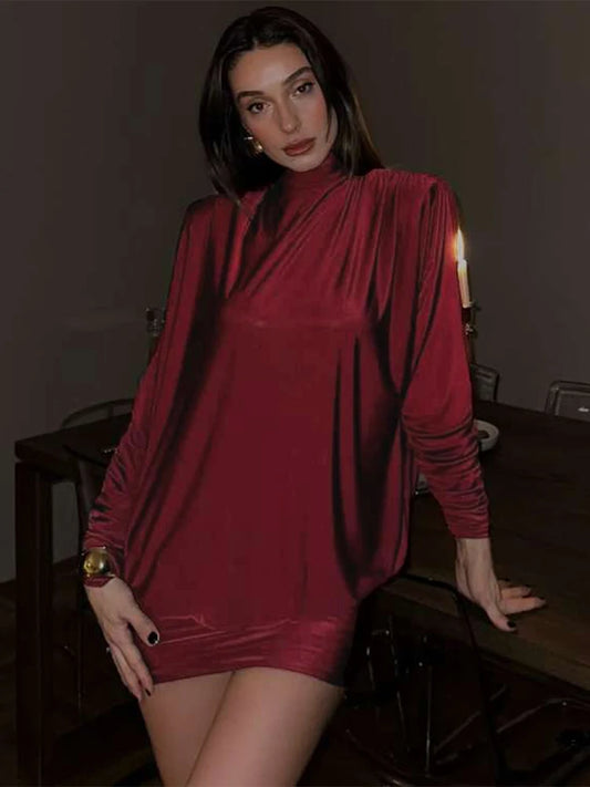 Nibber Backless Dress Women Full Sleeve Turtleneck Folds Solid Skinny Birthday Party Autumn Trend Elegant Chic Mini Bodycon