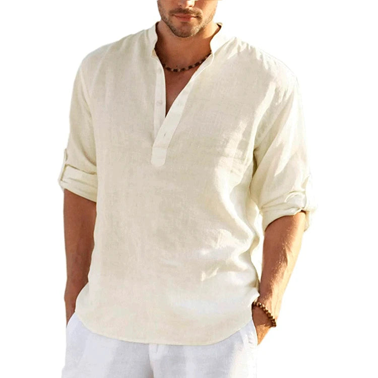 Camiseta masculina de linho manga longa cor sólida solta casual camiseta manga longa algodão linho camisa S-5XL