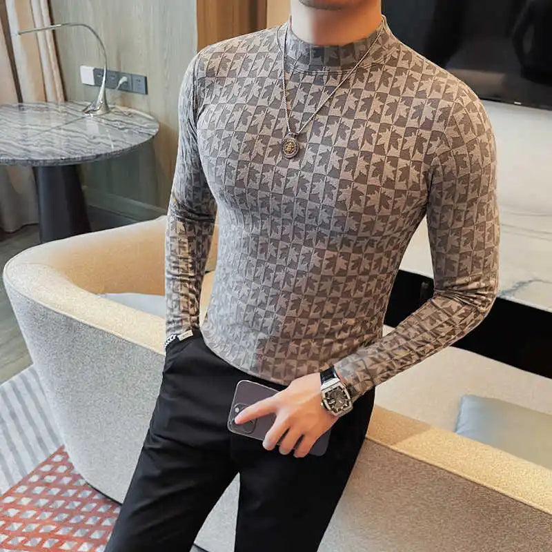 Camiseta elástica estampada de gola alta semi alta para homens, roupas de outono, nova, mangas compridas, jacquard, justa, cor sólida, camiseta slim fit