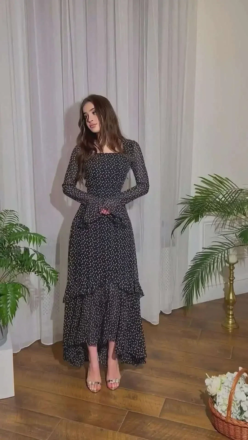 2025 Women's Dress Elegant Fresh Sweet Polka Dot Print Asymmetrical Layered Long Sleeve Tie Details High Waist Slim Maxi Dress