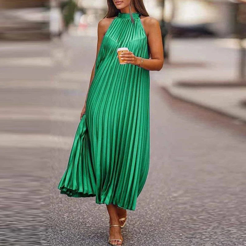 Lady Casual Loose Halter Pleated Maxi Dress Women Fashion Leaf Print Sleeveless Beach Boho Dress Elegant Halter Long Party Dress