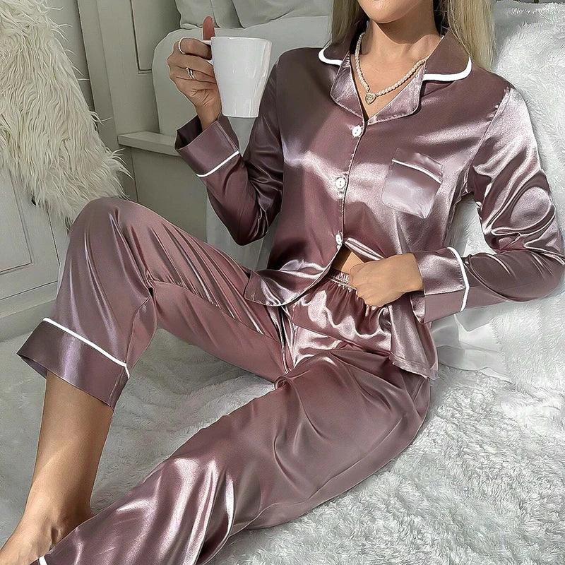 Women's Pajama Set Long Sleeve Tops With Pants Sleepwear Soft And Comfort Nightwear Satin Silk Pyjama Femme Home Wear Loungewear - CRAVO ROSE