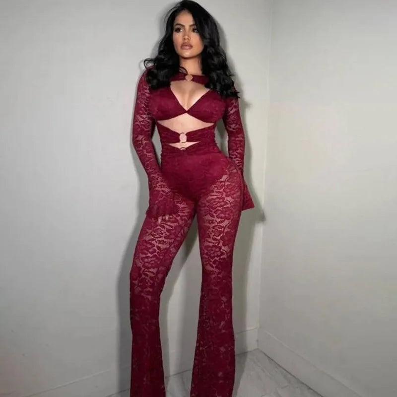 Sexy Hollow out Micro Flared Jumpsuit Long Pants  Lace Shirt Thickened Winter Collection for Elderly Women