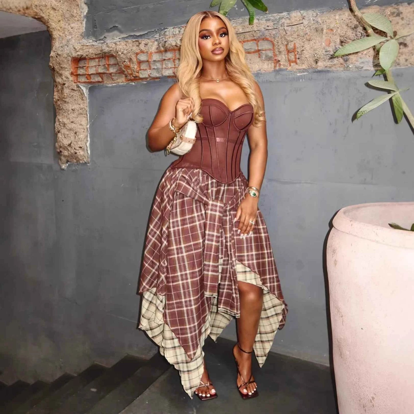Women's Retro Plaid Slimming Two-Piece Set High Waist Irregular Half Skirt Summer New Style Suit