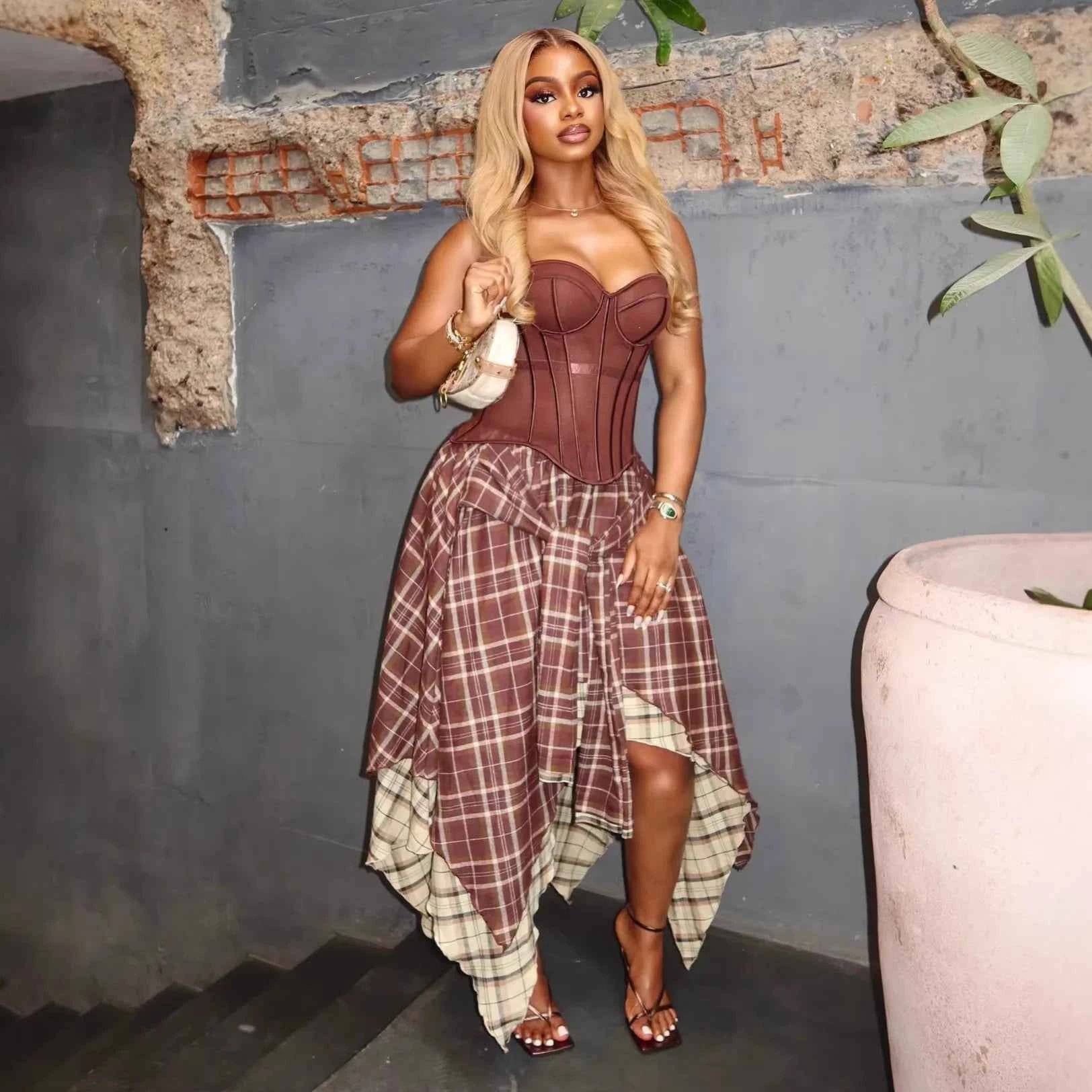 Women's Retro Plaid Slimming Two-Piece Set High Waist Irregular Half Skirt Summer New Style Suit