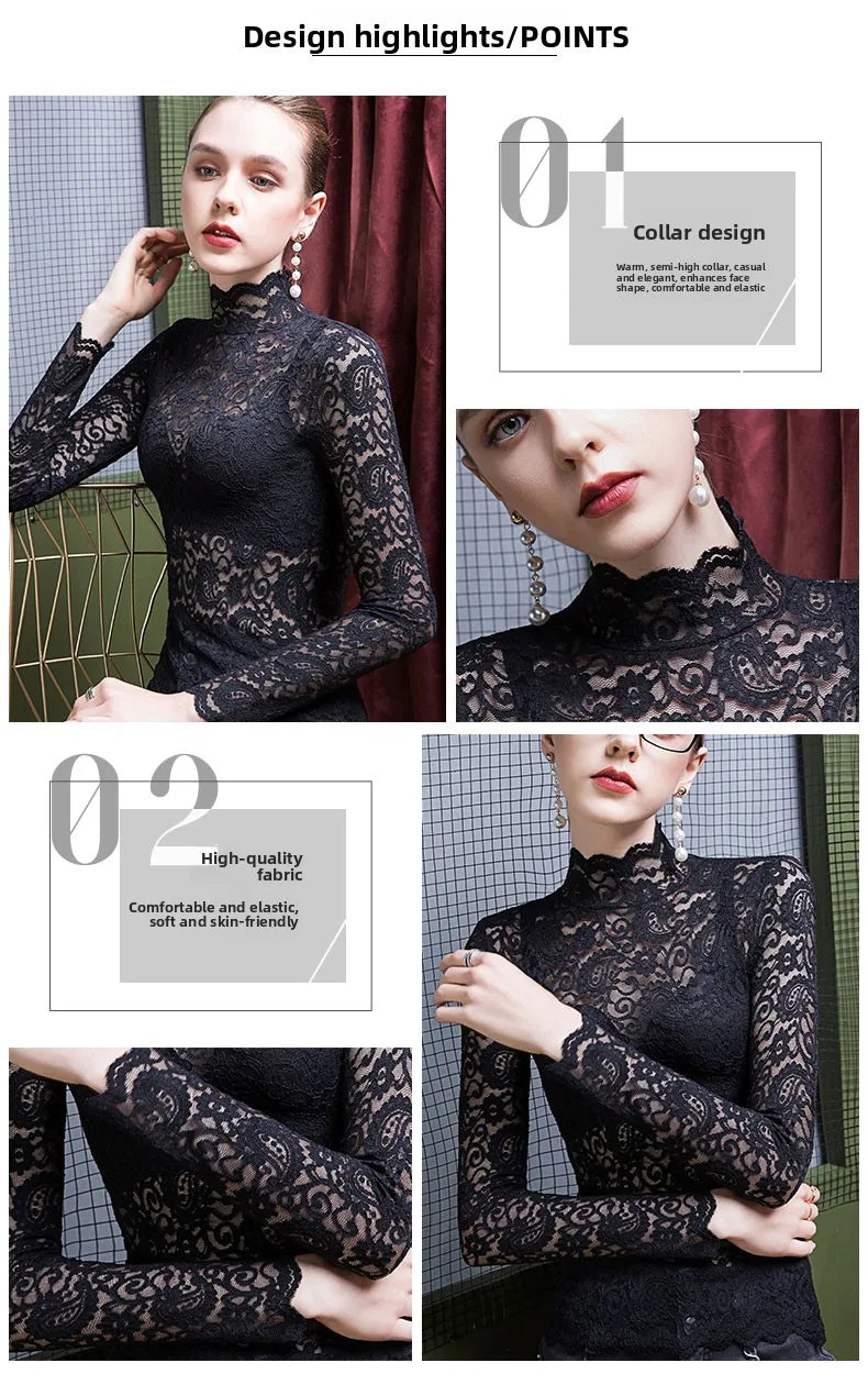 High Collar Lace Long Sleeve Women's Base Shirt Slim Fit Inner Wear Stand Collar Top Trendy Black T-Shirt Commute Style Korea...