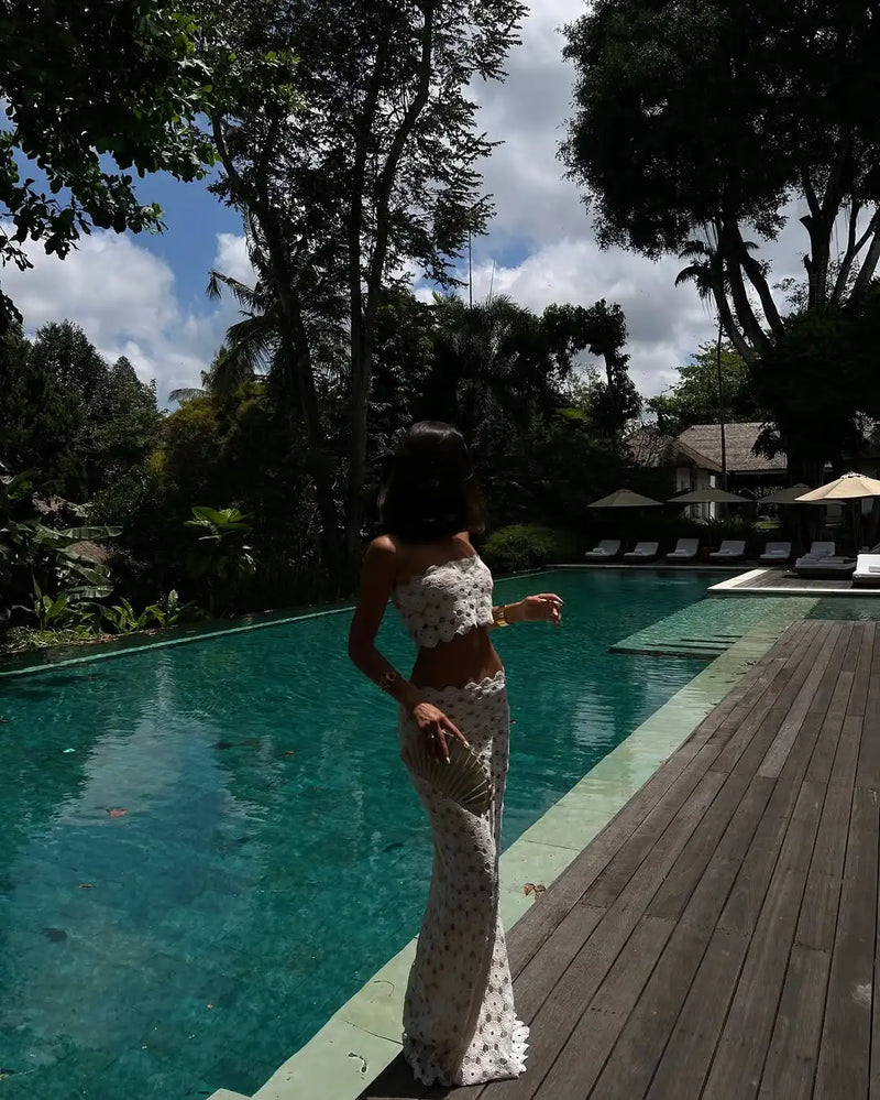 2025 New Tube Top Hollow Out Beach Dresses For Women 3 Piece Swimwear Bikini Mesh Swimming Elegant Cover-Up Skirt Sexy Vacation