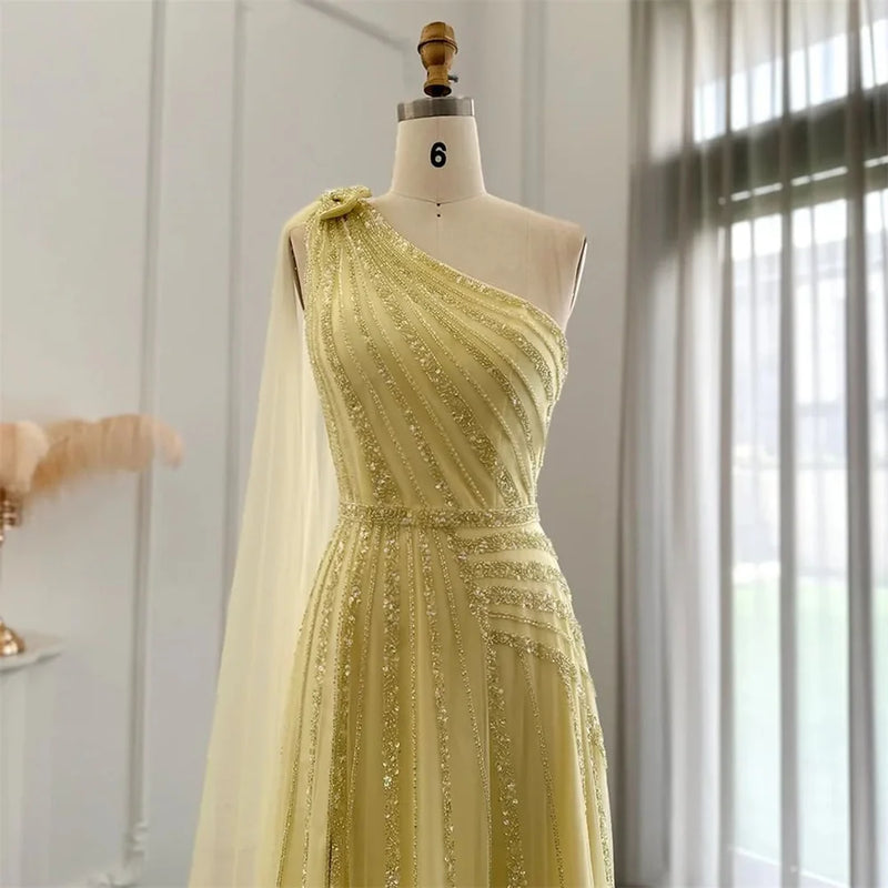 Bella Luxury Beaded Prom Dresses Yellow One Shoulder Wedding Dress Customized Sleeveless Sexy Side High Split Vestidos De Fiesta