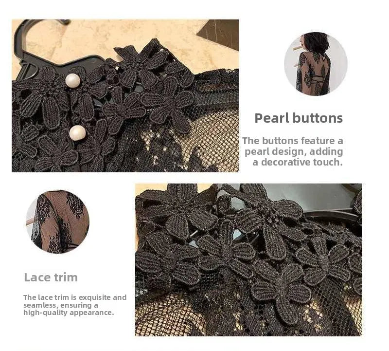Sexy Lace Base Shirt Women's Mesh Inner Top Half High Collar Knitted Sweater Layerable Floral Lace Trim See through Design