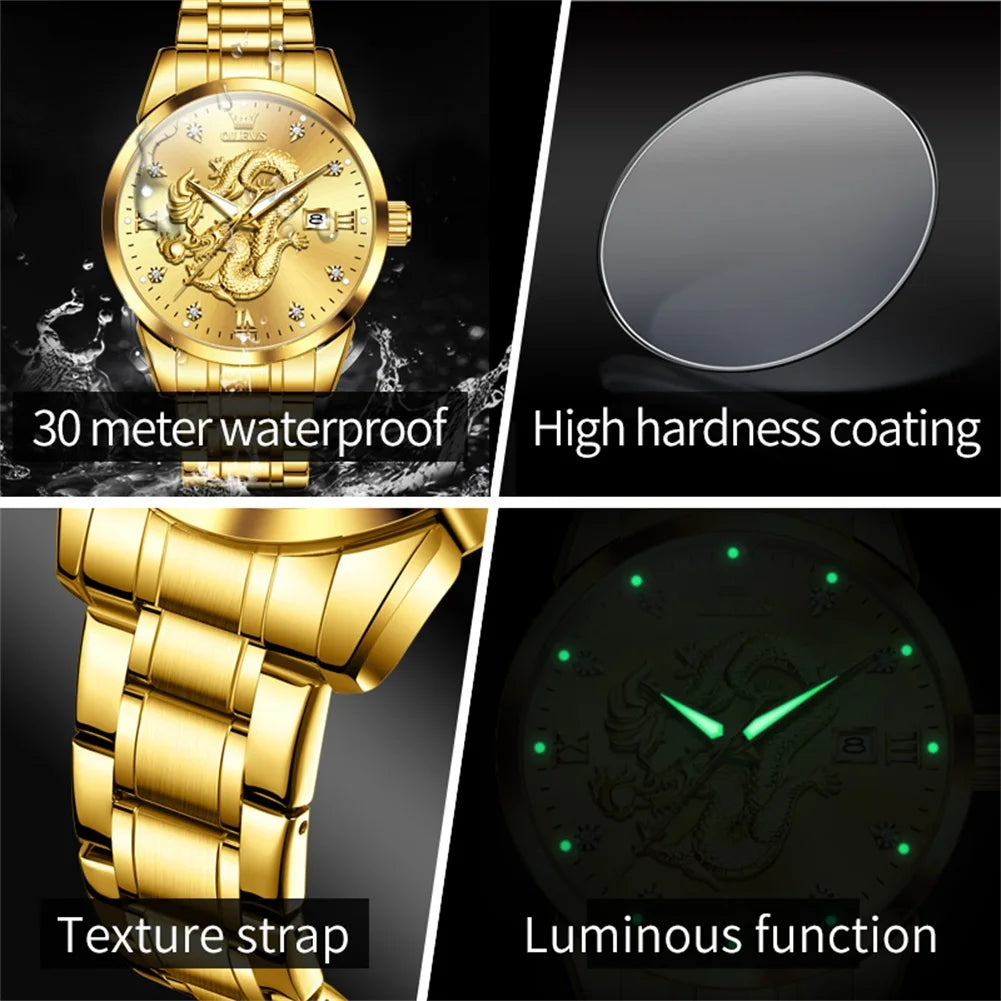 OLEVS Men's Watches Top Brand Fashion Original Quartz Watch for Man China Loong Dragon Dial Waterproof Luminous Date Olevs 3619