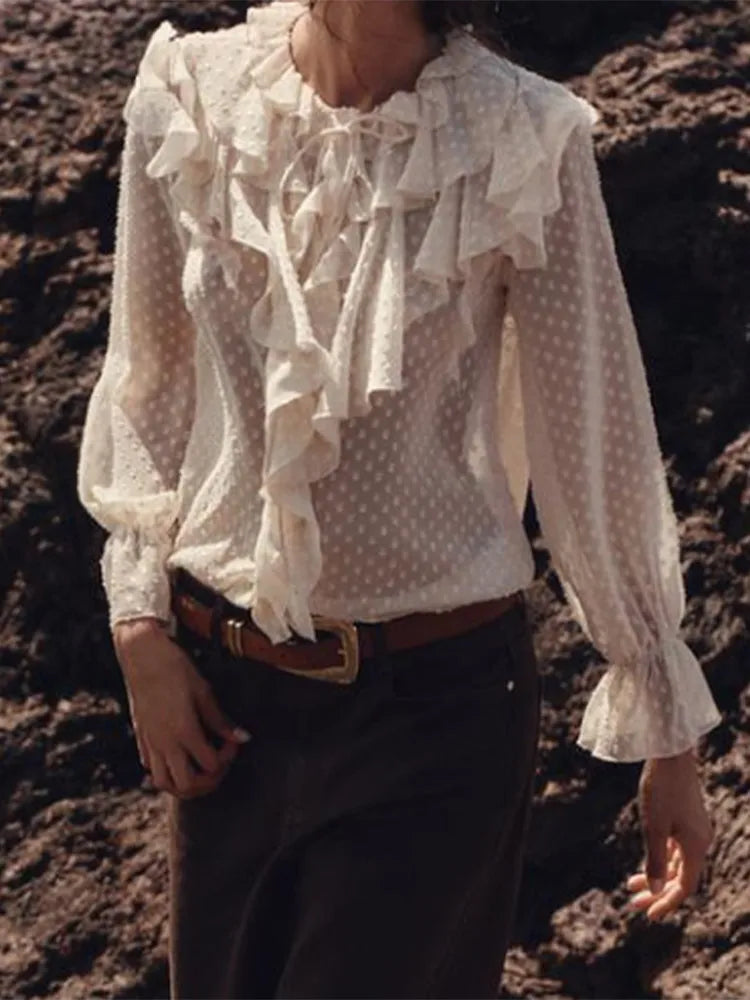 Blusa feminina elegante, azul, gola alta, babados, manga comprida, lisa, solta, chiffon, nova blusa feminina de verão 2025