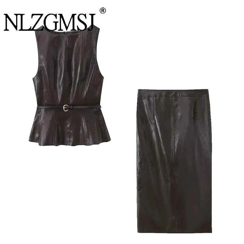 NLZGMSJ Vintage Faux Leather Casual Women Solid Suit O-Neck Zipper Belt Vest Zipper Long Straight Skirt Fashion 2026 Spring Sets