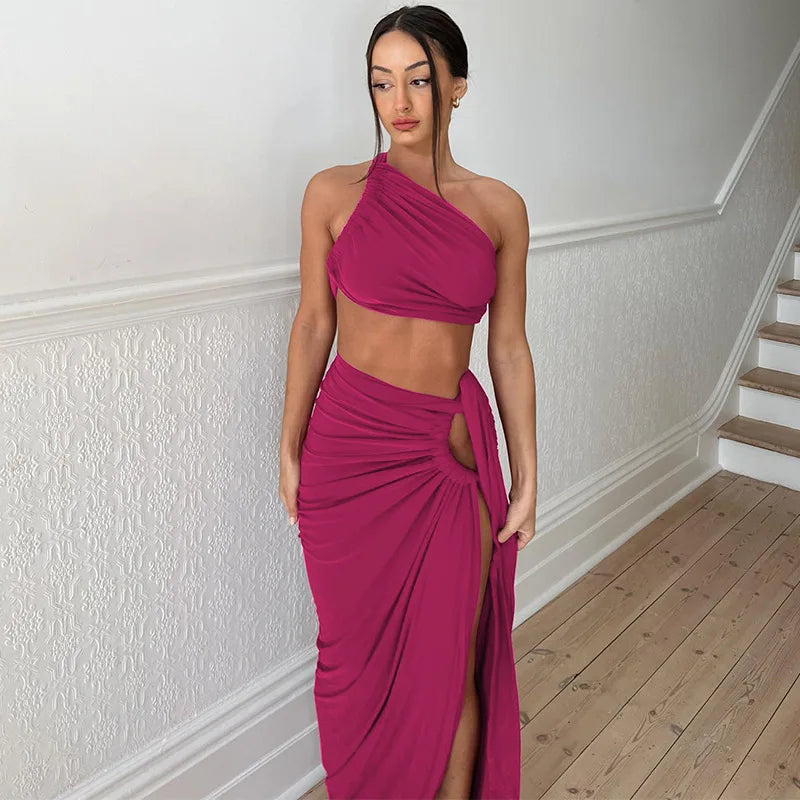 Ladies Spring 2 Pieces Sleeveless Backless Strap Spit Crop Top Side Slit Slim Fit Maxi Skirt Set Women Evening Party Clubwear