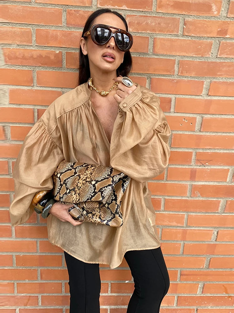 Camisa feminina elegante e solta, com cadarço, gola redonda, manga lanterna, camiseta feminina, primavera/verão 2025, moda urbana, tops femininos emendados