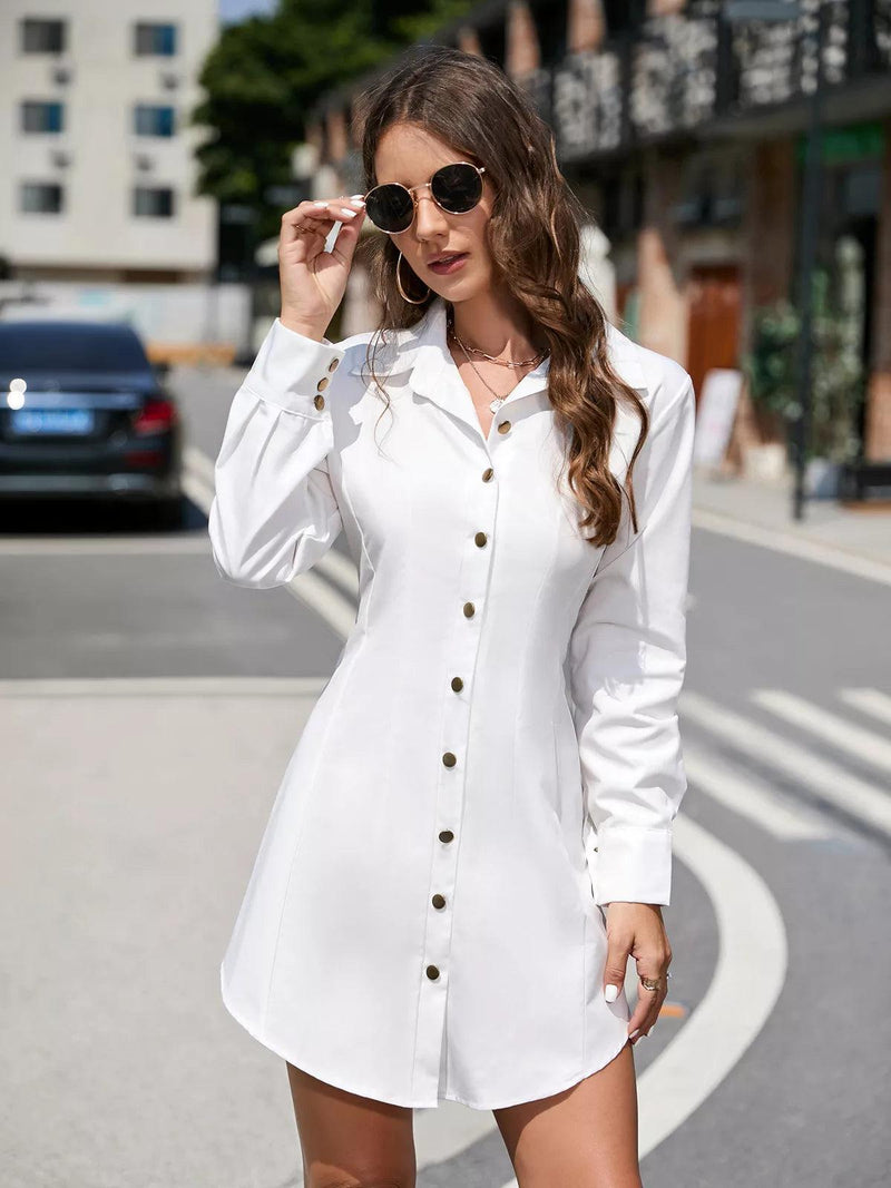 Feminino branco elegante camisa vestido outono sólido manga longa vestidos para mulheres casual senhora do escritório botão fino mini robe preto - CRAVO ROSE