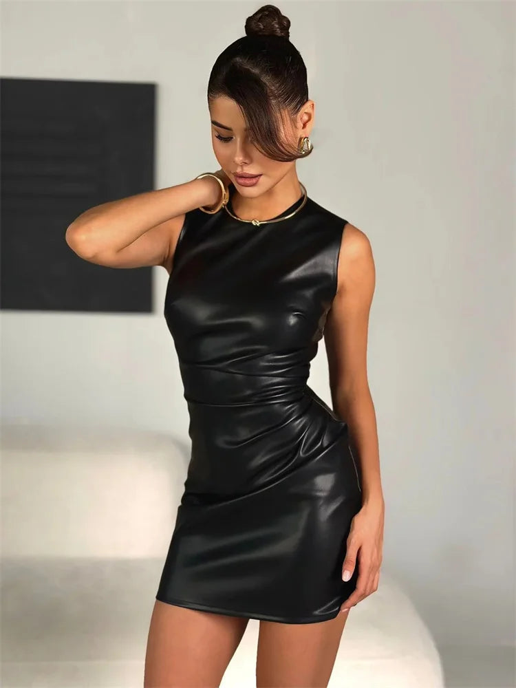 Tossy PU Sexy Fashion Maxi Dress For Women High Waist Sleeveless Slim Patchwork Solid Skinny Streetwear Female Bodycon Dress New