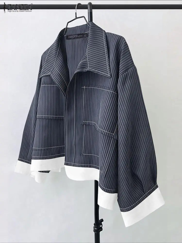 Women Korean Shirts 2025 ZANZEA Autumn Long Sleeve Striped Patchwork Blouse Fashion Tops Tunic Pockets Office Blusas Femininas