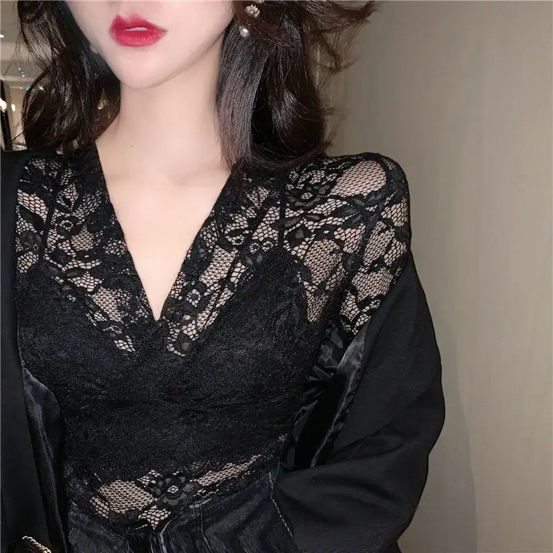 Blusa de gaze sexy feminina, roupas , blusas femininas da moda, túnica de manga comprida, renda vazada, tops curtos transparentes, camisas