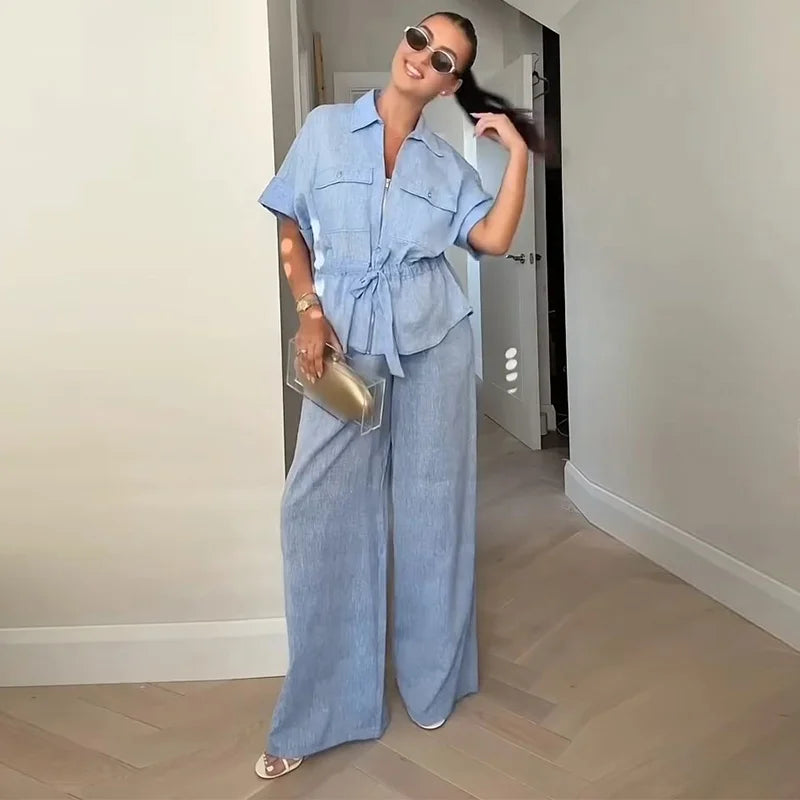 Lapel Short Sleeve Pocket Solid Color Shirt Pants Set Loose Fit Straight Leg Trouser 2026 Spring Casual Women Daily Outfit
