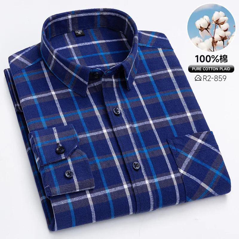 Pure Cotton Men's Plaid Shirt Long Sleeve Regular Fit Men Casual Oversized Shirt Leisure Autumn Male Clothes New Plus Size