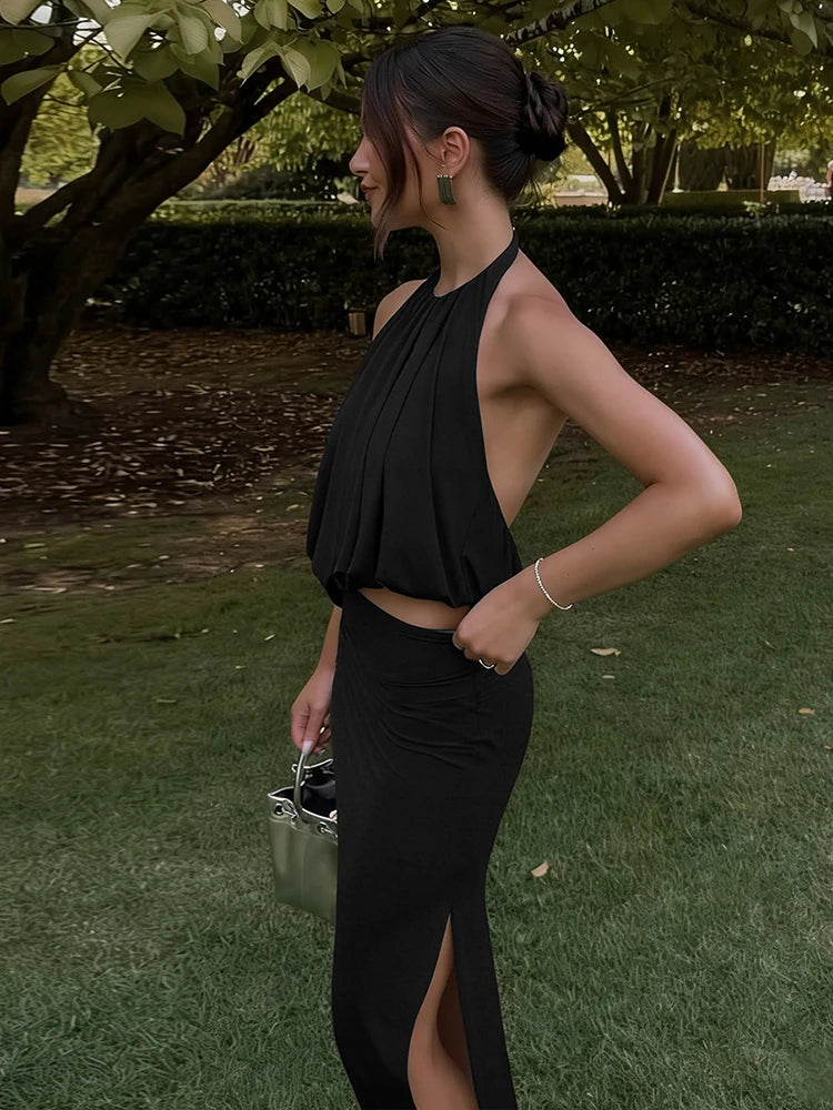 Kliou Elegant Style 2 Piece Set Woman Summer Trend Halter Backless Irregular Tank Tops+Long Skirts Vacation Beach Party Outfits