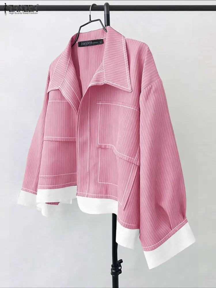 Women Korean Shirts 2025 ZANZEA Autumn Long Sleeve Striped Patchwork Blouse Fashion Tops Tunic Pockets Office Blusas Femininas