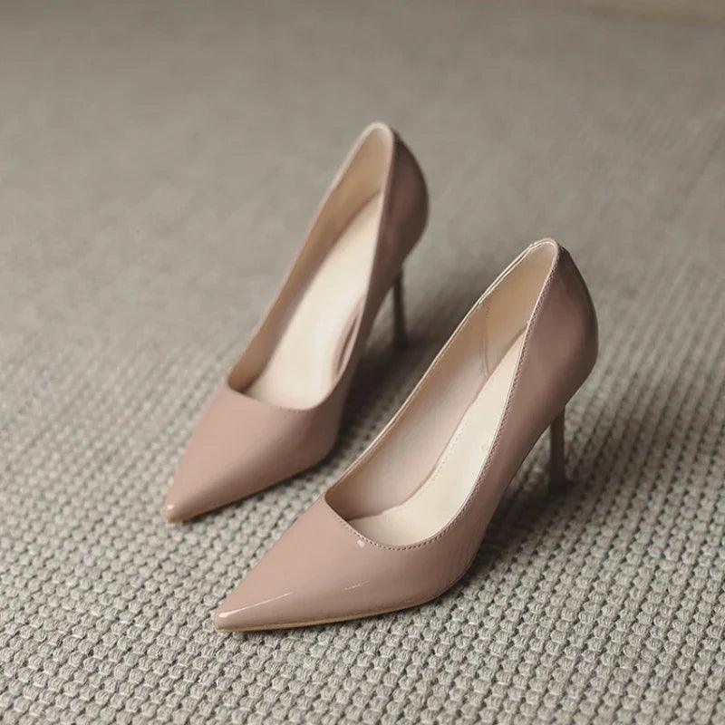 Autumn New Nude Lacquer Leather High Heels with Thin Heels Versatile Pointed Shallow Mouth Single Shoes - CRAVO ROSE