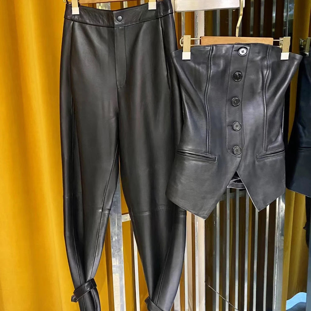 Novo top de couro legítimo feminino para primavera, sutiã de couro legítimo