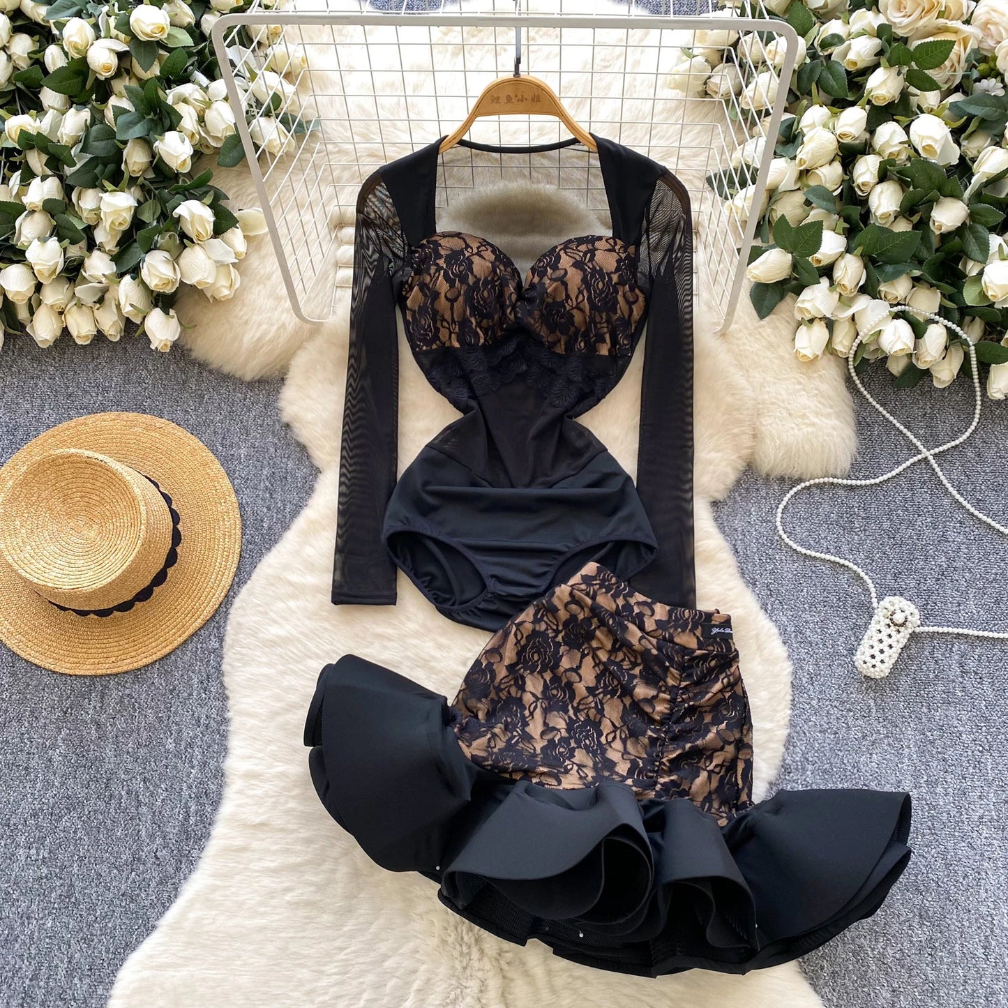 SINGREINY Sexy Floral Lace Suit Mesh Sheer Slim Bodysuit+Ruffles Mini Mermaid Skirt Ladies Retro Luxury Ball Party 2 Pieces Sets