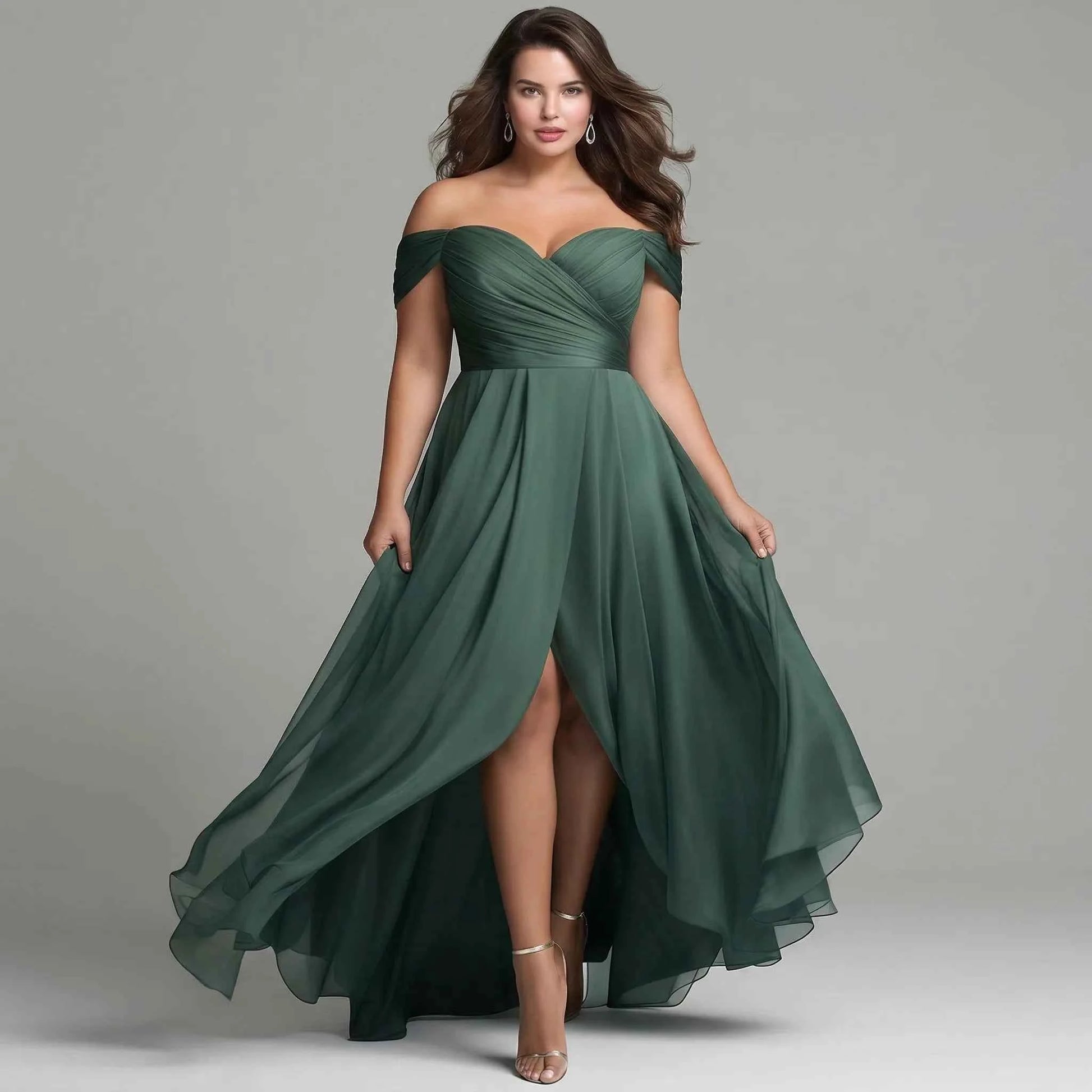 Plus Size Emerald Green Off Shoulder Maxi Dress Sweetheart Neck Ruched Bodice High Slit Chiffon Bridesmaid Evening Gown