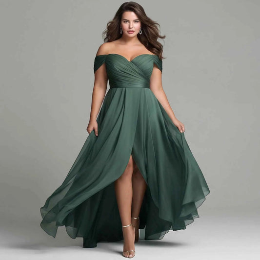 Plus Size Emerald Green Off Shoulder Maxi Dress Sweetheart Neck Ruched Bodice High Slit Chiffon Bridesmaid Evening Gown