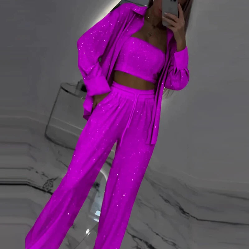 Sexy Sequins Shiny Three Piece Set Womens Strapless Tube Top & Lapel Shirt Coat & Lae-up Pants Outfits Spring Autumn Hollow Suit