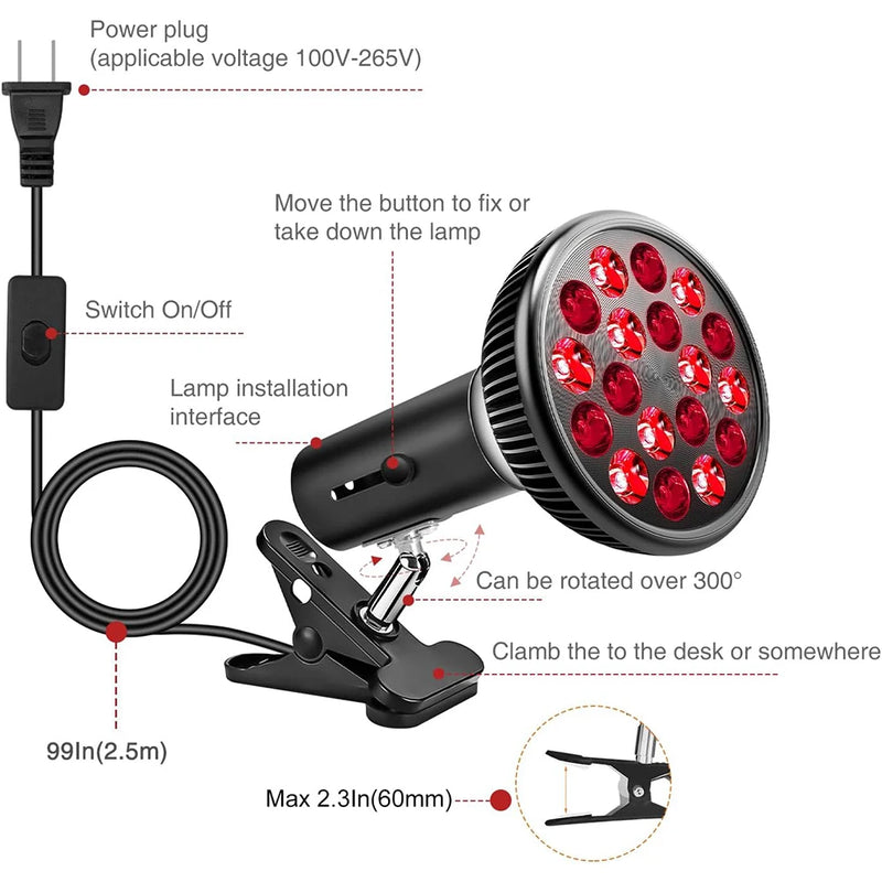 Lâmpada de terapia de luz vermelha para rosto 54W 660nm e 850nm Dispositivo de terapia de luz infravermelha para alívio de dores musculares e articulares Ferramentas para a saúde da pele