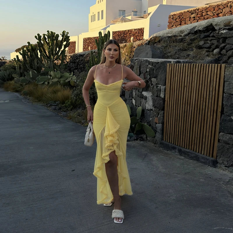 DGLUKE Spaghetti Strap Mesh Long Dress Women Ruched Bodycon Asymmetrical Ruffle Maxi Dress Elegant Ball Gown Dress 2025