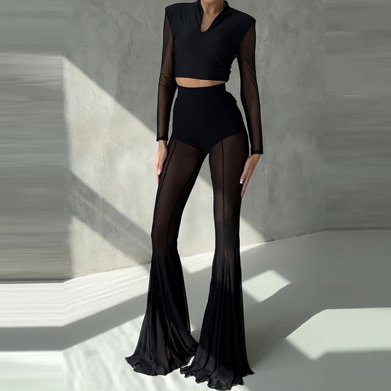 Women's Casual Patchwork Pleated Flared Pants Perspective Mesh Slim Trousers New 2025 Summer Elastic High Waist Club Long Pants