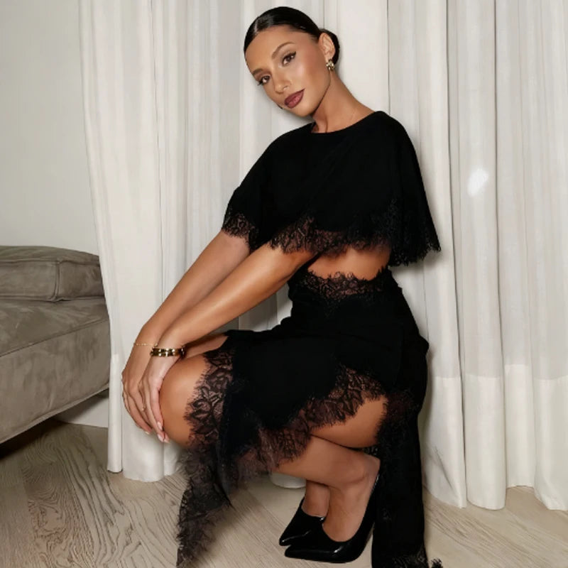HXAO Cut Out Black Dress Woman Asymmetrical Lace Midi Dress Cape Sleeve Elegant Party Dresses Women Sexy Luxury Cocktail Dress
