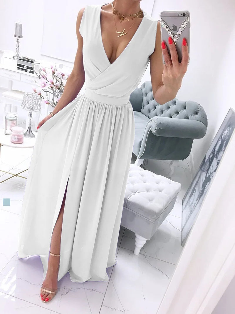 Women's Summer New Sleeveless and Ankle Skirt Solid Color V-neck Front Split Dress Dress