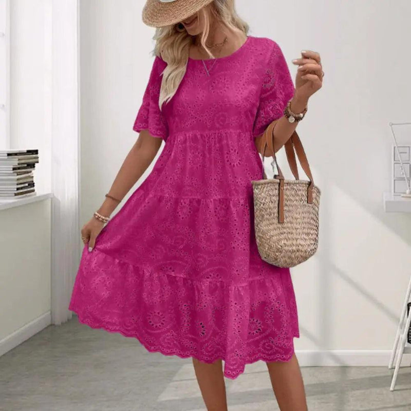 Summer Women Dress Hollow Out Short Horn Sleeves Dress A-line Pleated Patchwork Big Swing Embroidery Vacation Beach Midi Dress - CRAVO ROSE